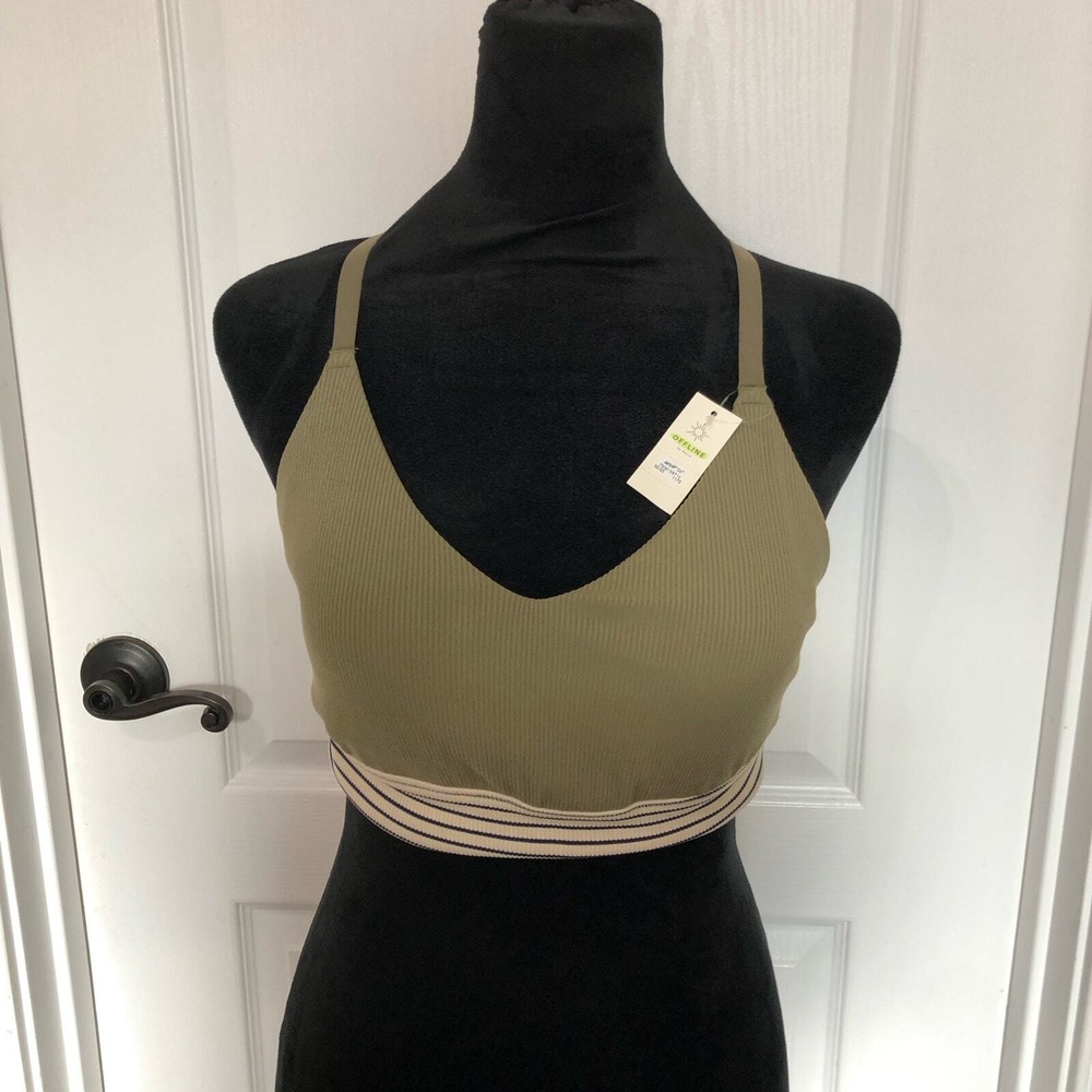 OFFLINE by Aerie Ribbed Medium Support Sports Bra Olive Green Striped Band US L